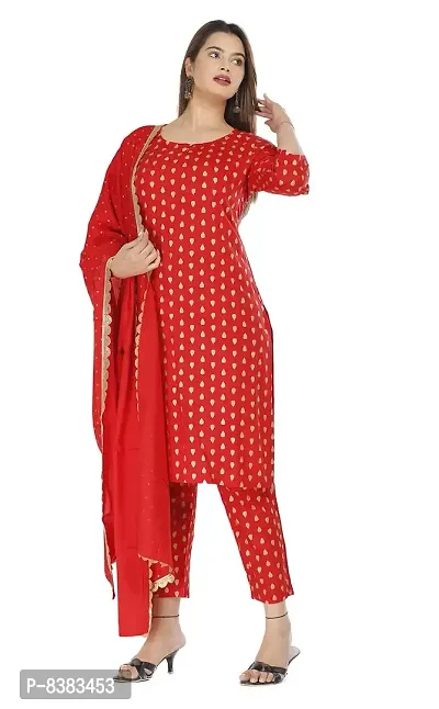 NANAK FEB Women's Rayon Printed Straight Red Kurti with Pant and Dupatta Set for Girls Casual Wear Kurta-thumb4