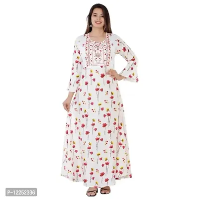 Beautiful Rayon Bell Design Sleeves Embroidery Work And Printed Anarkali Kurta For Women-thumb0