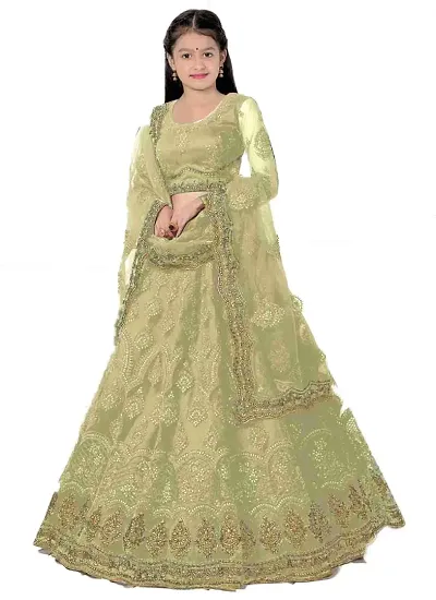 F Plus Fashion Girls Net Embroidered Party Wear Semi Stitched Lehenga Choli (3-4 Years, pista)