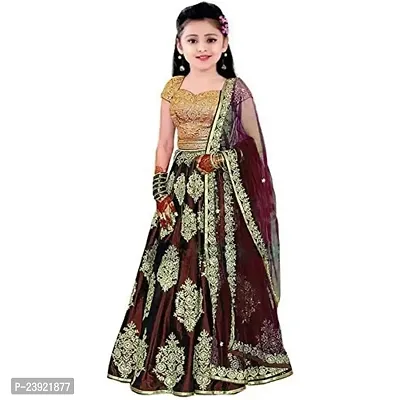 F Plus Fashion Girl's Taffeta Satin Embroidered Semi-Stitched Lehenga Choli (Maroon, 8-13 Years)