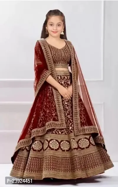 F Plus Fashion Girls Silk Embrodaried Semi Stitched Lehenga Choli With Dupatta (12-13 Years, Maroon)-thumb0