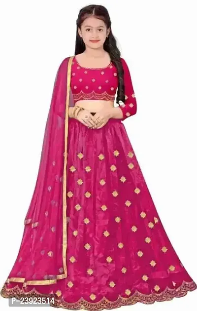 F Plus Fashion Girl's Net Semi-stitched lehenga choli and Dupatta set (11-12 Years, Pink)-thumb0