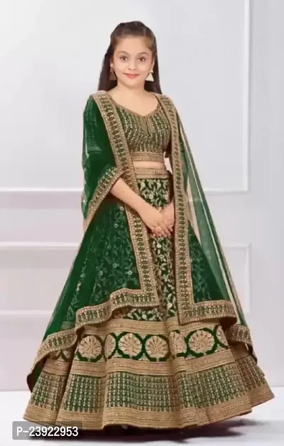 F Plus Fashion Girls Silk Embrodaried Semi Stitched Lehenga Choli With Dupatta (14-15 Years, Green)-thumb0