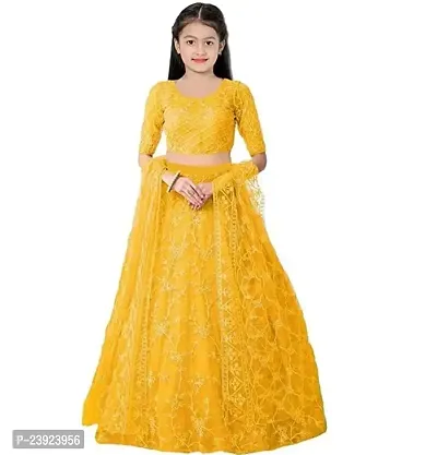 F Plus Fashion Girls Latest Designer Wedding Wear Semi Stitched Lehenga Choli (8-9 Years, Yellow)-thumb0