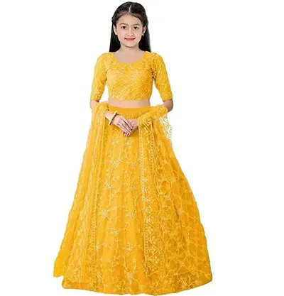 Femisha Creation Girls Net Heavy Work Wedding Semi Stitched Lehenga Choli With Dupatta Set (9-10 Years, Grey)