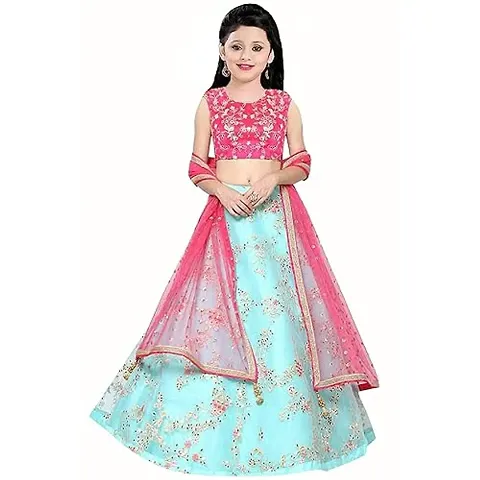 Femisha Creation Girls Net With Satin Flower Embroidered Lehenga Choli (6-7 Years, Blue)