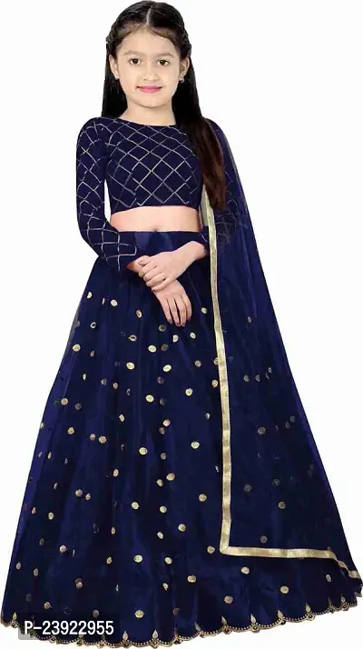 F Plus Fashion Girl's Net Semi-stitched Lehenga Choli (7-8 Years, Blue)-thumb0