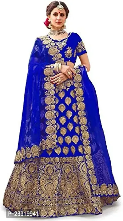 F Plus Fashion Taffeta Satin Women's Semi Stitched Lehenga Choli (Royal Blue)-thumb0