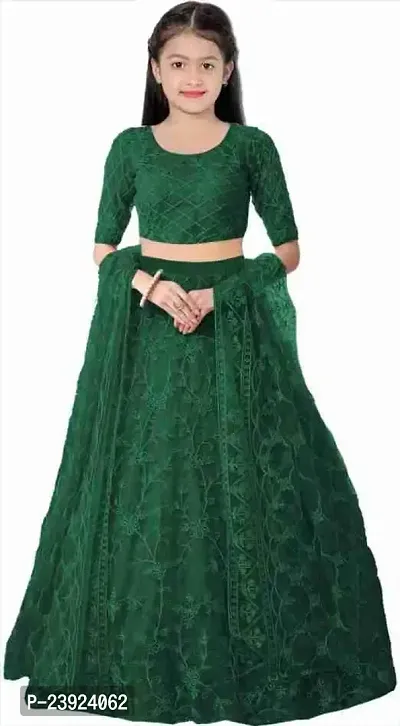 F Plus Fashion Girls Latest Designer Wedding Wear Semi Stitched Lehenga Choli (8-9 Years, Green)-thumb0