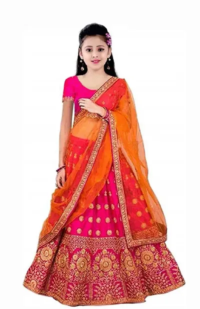 PinkOrange Color Latest Designer Kids Girls Traditional Semi Stitched lehenga Choli .