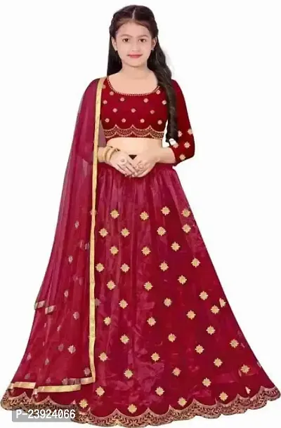 F Plus Fashion Girl's Net Semi-stitched lehenga choli and Dupatta set (14-15 Years, Red)-thumb0