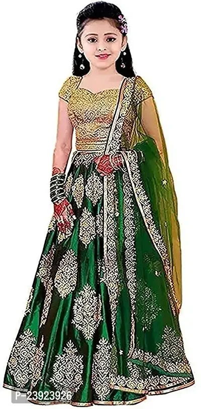 F Plus Fashion Girl's Satin Semi stitched Lehenga Choli (FP_K_Green_Butto_Green_8-13 Years)