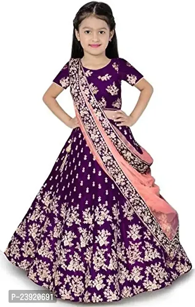 F Plus Fashion Multi Satin Embroidered Kids Girls Traditional Semi Stitched Lehenga Choli_(It's 3-8 Years Girls)_Free Size