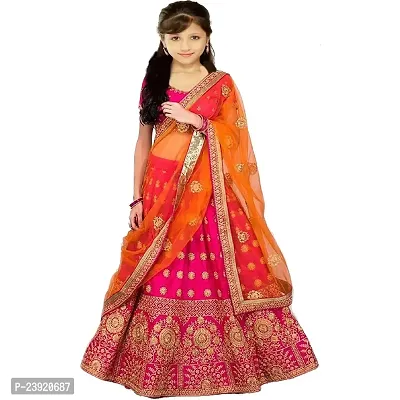 F Plus Fashion Girl's Banglory Satin Semi-Stitched Lehenga Choli (Pink,Orange 8-13 Years)