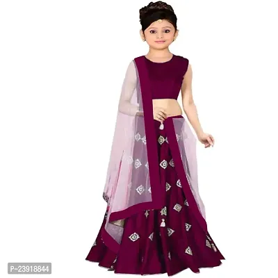 F Plus Fashion Girl's Semi-stitched Satin Lehenga Choli (FP_K_Butti_Wine_11-12 Years)-thumb0