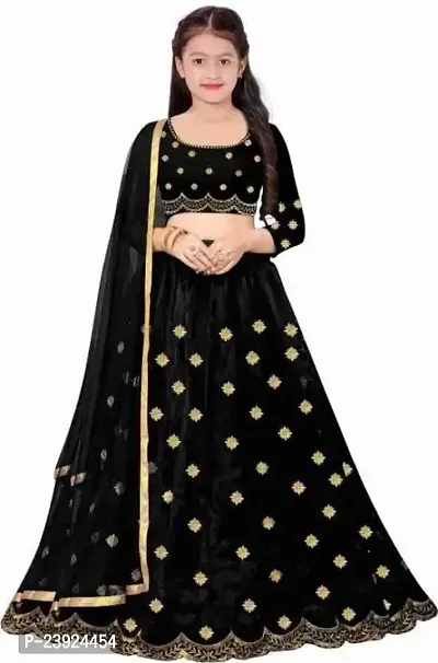 F Plus Fashion Girl's Net Semi-stitched lehenga choli and Dupatta set (6-7 Years, Black)