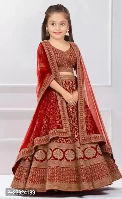 F Plus Fashion Girls Silk Embrodaried Semi Stitched Lehenga Choli With Dupatta (4-5 Years, Red)