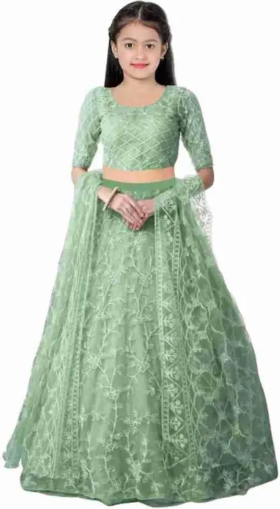 Stylish Net Embellished Lehenga, Choli And Dupatta Set For Girls