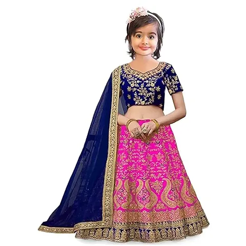 Femisha Creation Girls Taffeta Satin Latest Embroidered Lehenga Choli With Dupatta Set (2-3 Years, Yellow)