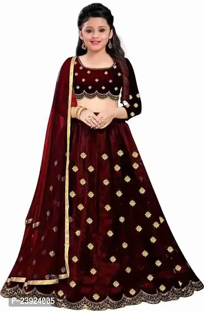 F Plus Fashion Girl's Net Semi-stitched lehenga choli and Dupatta set (10-11 Years, Maroon)