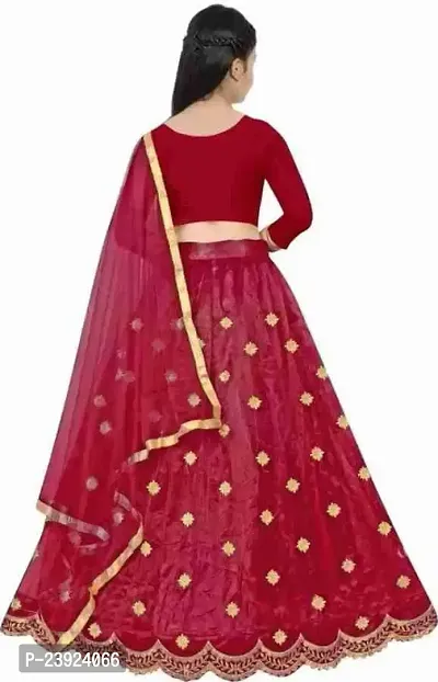 F Plus Fashion Girl's Net Semi-stitched lehenga choli and Dupatta set (14-15 Years, Red)-thumb2