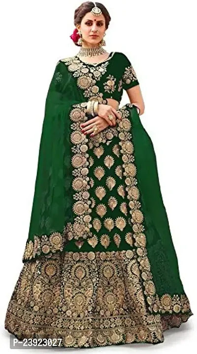 F Plus Fashion Taffeta Satin Women's Semi Stitched Lehenga Choli (Green)
