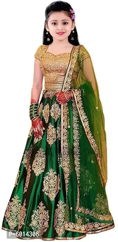 Green Satin Heavy Embroidered Girls Party Wear Semi Stitched Lehenga Choli_(Suitable To 3-15 Years Girls)Free Size