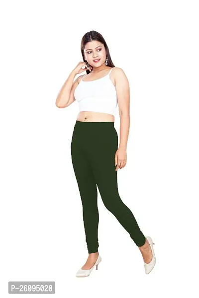 Ultra-soft Stretchable Green Solid Cotton Leggings For Women