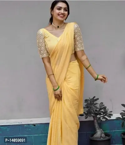 Stylish Chiffon Yellow Solid Saree with Blouse piece-thumb0