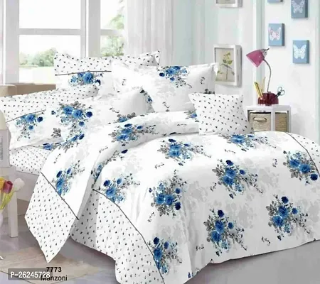 Comfortable Polycotton Flat Printed Queen 1 Bedsheet + 2 Pillowcovers