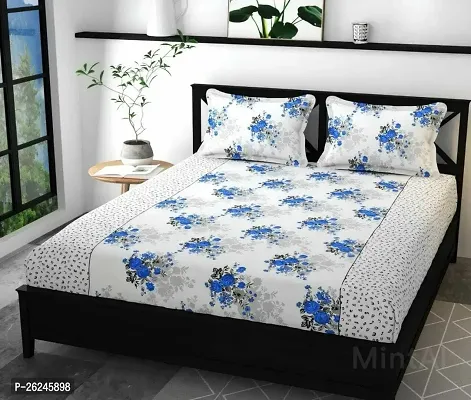 Comfortable Cotton Flat Printed Queen 1 Bedsheet + 2 Pillowcovers-thumb0