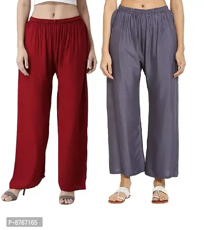 ROCKSY Combo of 2 Women/Girls Regular Fit Flared Relaxed,Wide Leg Non-Transparent Cotton Blend Rayon Fabric Palazzo; Size XS - 2XL; Waist:26-36inch