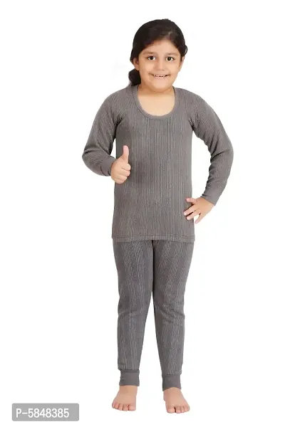 Elegant Grey Polycotton Solid Thermal Top with Bottom Set For Girls-thumb0