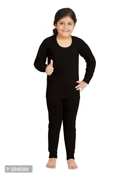 Elegant Black Polycotton Solid Thermal Top with Bottom Set For Girls