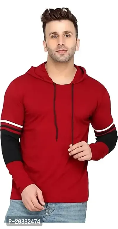 Men Striped Hooded Neck Blue T-Shirt (X-Large, Red)