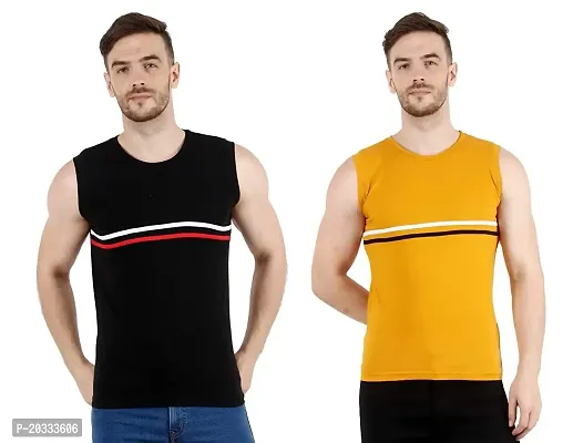 Men's Cotton Color Block Sleeveless T-Shirt Combo Pack 2 (Large, Yellow  Blue)