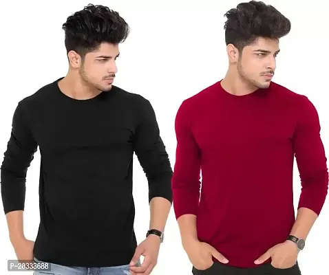 BS Fashion Men's Solid Slim Fit Full Sleeve T-Shirt Combo (Pack of 2) (Small, Black  Red)