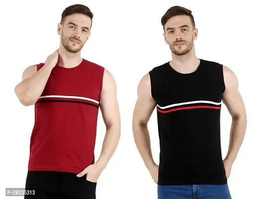 Men's Cotton Color Block Sleeveless T-Shirt Combo Pack 2 (Small, Red  Black)-thumb0