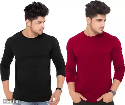 BS Fashion Men's Solid Slim Fit Full Sleeve T-Shirt Combo (Pack of 2) (Large, Black  Red)-thumb0