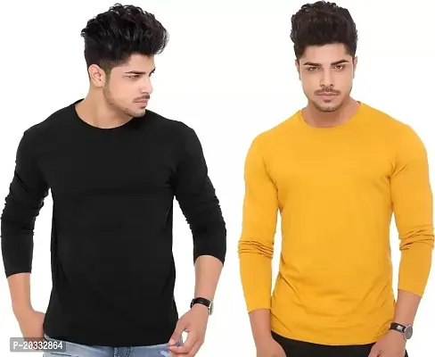 BS Fashion Men's Solid Slim Fit Full Sleeve T-Shirt Combo (Pack of 2) (Small, Black  Yellow)