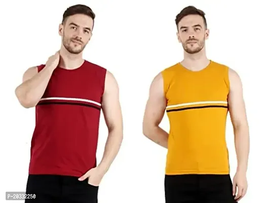 Men's Cotton Color Block Sleeveless T-Shirt Combo Pack 2 (X-Large, Red  Yellow)-thumb0