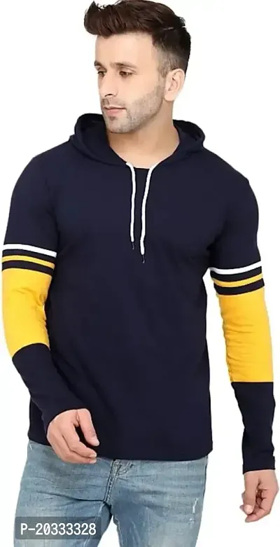 Men Striped Hooded Neck Blue T-Shirt (X-Large, Blue)