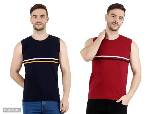 Men's Cotton Color Block Sleeveless T-Shirt Combo Pack 2 (Large, Red  Blue)