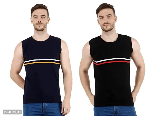 Men's Cotton Color Block Sleeveless T-Shirt Combo Pack 2 (Large, Blue  Black)-thumb0