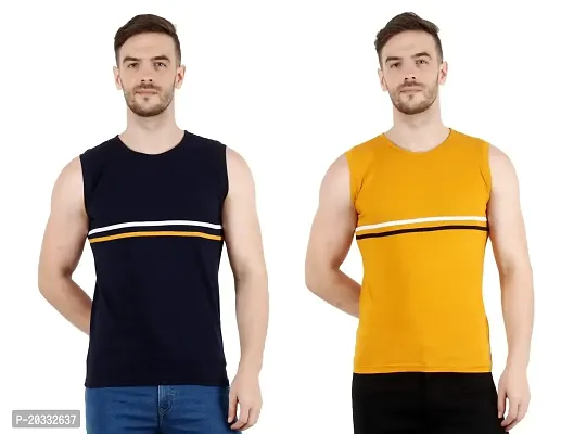 Men's Cotton Color Block Sleeveless T-Shirt Combo Pack 2 (X-Large, Yellow  Blue)