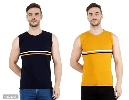 Men's Cotton Color Block Sleeveless T-Shirt Combo Pack 2 (X-Large, Yellow  Blue)-thumb0