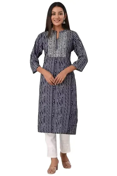 Woman Rayon Bandej Bandhani Print Kurti with Straight Pants (42, Blue)