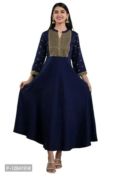 Shama Fashion Women Rayon Zari Embroidery Gown Kurta Kurti Blue 2XL