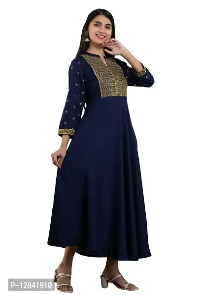 Shama Fashion Women Rayon Zari Embroidery Gown Kurta Kurti Blue 2XL-thumb3