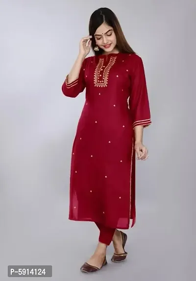 Red Rayon Embroidered Kurtas For Women